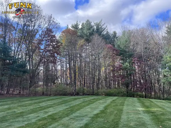 Freshly cut lawn edged by woods under a dramatic sky