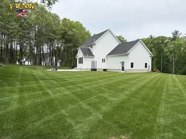 Sweeping mowing stripes across a large open lawn behind a colonial home