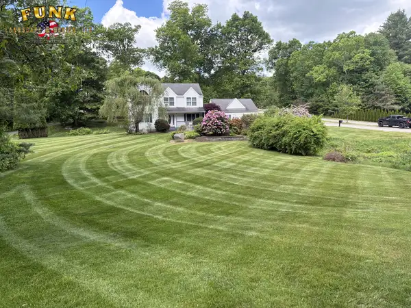 Curved mowing stripes bordered by blooming shrubs and planting beds